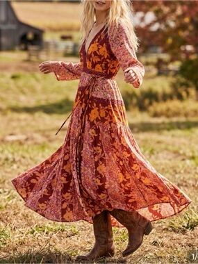 Free People Tilda Wrap Maxi Dress Boho Floral Patchwork Lace Long Sleeve Size S
